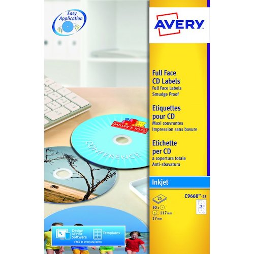 Avery Inkjet Full Face CD/DVD Label 117mm Diameter 2 Per A4 Sheet Glossy White (Pack 50 Labels) C9660 25 (43488AV)