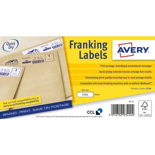 Avery Auto Franking Labels 1 per Sheet 140x38mm White (43516AV)