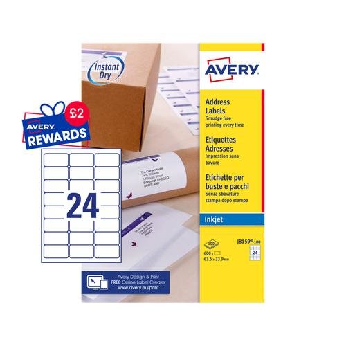 Avery Inkjet Address Label 63.5x34mm 24 Per A4 Sheet White (Pack 2400 Labels) J8159 100 (43544AV)