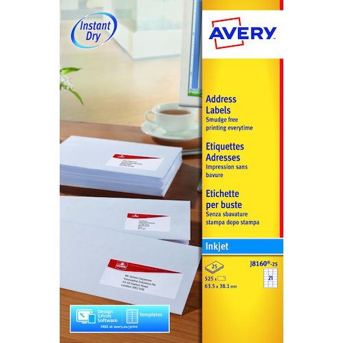 Avery Inkjet Address Label 63.5x38.1mm 21 Per A4 Sheet White (Pack 525 Labels) J8160 25 (43565AV)