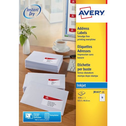 Avery Inkjet Address Label 63.5x46.6mm 18 Per A4 Sheet White (Pack 450 Labels) J8161 25 (43579AV)