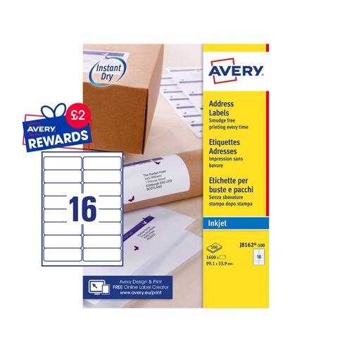 Avery Inkjet Address Label 99x34mm 16 Per A4 Sheet White (Pack 1600 Labels) J8162 100 (43586AV)