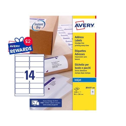 Avery Inkjet Address Label 99.1x38.1mm 14 Per A4 Sheet White (Pack 1400 Labels) J8163 100 (43600AV)