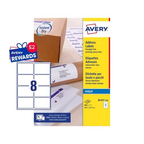 Avery Inkjet Address Label 99.1x67.7mm 8 Per A4 Sheet White (Pack 800 Labels) J8165 100 (43628AV)