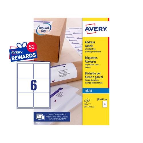 Avery Inkjet Address Label 99x93mm 6 Per A4 Sheet White (Pack 600 Labels) J8166 100 (43642AV)