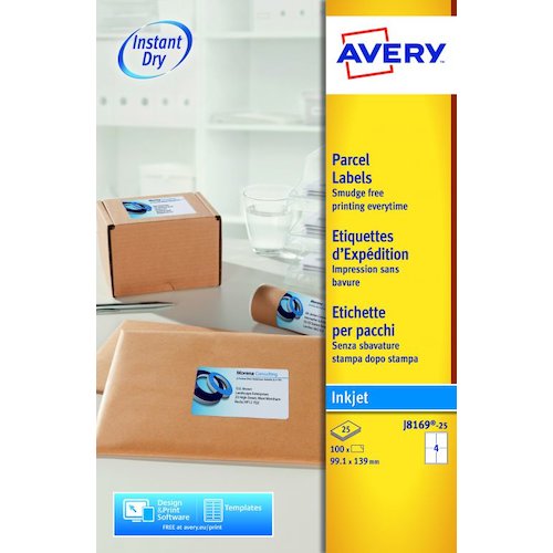 Avery Inkjet Address Label 99.1x139mm 4 Per A4 Sheet White (Pack 100 Labels) J8169 25 (43691AV)