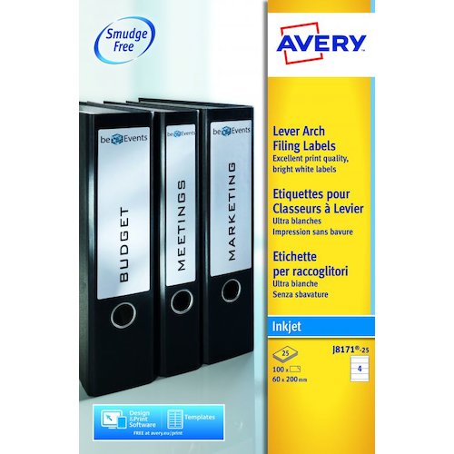 Avery Filing Labels Inkjet Lever Arch 4 per Sheet 200x60mm White (43698AV)