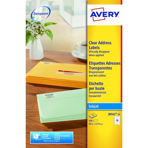 Avery Inkjet Address Label 99x34mm 16 Per A4 Sheet Clear (Pack 400 Labels) J8562 25 (43747AV)