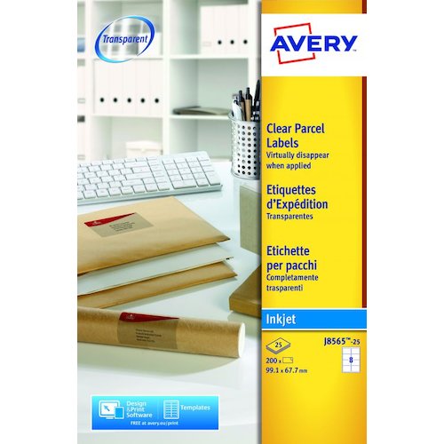 Avery Inkjet Address Label 99.1x67.7mm 8 Per A4 Sheet Clear (Pack 200 Labels) J8565 25 (43761AV)