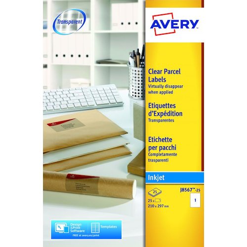 Avery Inkjet Address Label 210x297mm 1 Per A4 Sheet Clear (Pack 25 Labels) J8567 25 (43768AV)