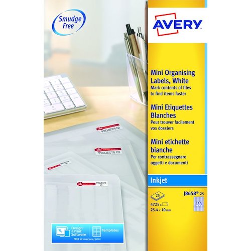 Avery Inkjet Mini Label 25x10mm 189 Per A4 Sheet White (Pack 4725 Labels) J8658 25 (43796AV)