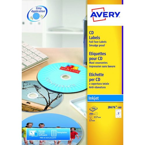 Avery Inkjet Full Face CD/DVD Label 117mm Diameter 2 Per A4 Sheet Matt White (Pack 200 Labels) J8676 100 (43810AV)