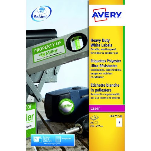 Avery Laser Heavy Duty Label 210x297mm 1 Per A4 Sheet White (Pack 20 Labels) L4775 20 (43901AV)