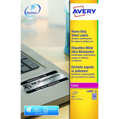 Avery Laser Heavy Duty Label 45.7x21.2mm 48 Per A4 Sheet Silver (Pack 960 Labels) L6009 20 (43929AV)