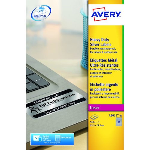 Avery Heavy Duty Labels Laser 27 per Sheet 63.5x29.6mm Silver (43936AV)