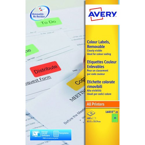 Avery Coloured Label 63.5x34mm 24 Per A4 Sheet Green (Pack 480 Labels) L6033 20 (43950AV)