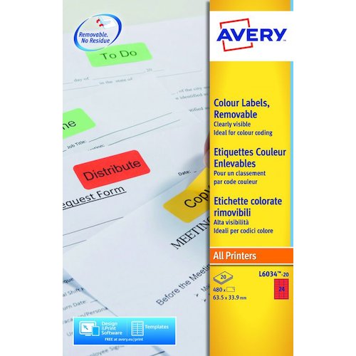 Avery Coloured Labels Removable Laser 24 per Sheet 63.5x33.9mm Red (43957AV)