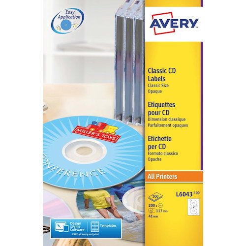 Avery Full Face CD/DVD Classic Label 117mm Diameter 2 Per A4 Sheet White (Pack 200 Labels) L6043 100 (43971AV)
