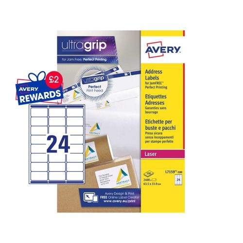 Avery Laser Address Label 63.5x33.9mm 24 Per A4 Sheet White (Pack 2400 Labels) L7159 100 (44076AV)