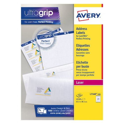 Avery Laser Address Label 63.5x38.1mm 21 Per A4 Sheet White (Pack 10500 Labels) L7160 500 (44111AV)