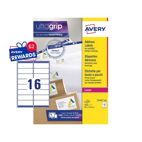 Avery Laser Address Label 99.1x33.9mm 16 Per A4 Sheet White (Pack 4000 Labels) L7162 250 (44153AV)