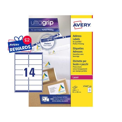 Avery Laser Address Label 99.1x38.1mm 14 Per A4 Sheet White (Pack 3500 Labels) L7163 250 (44181AV)