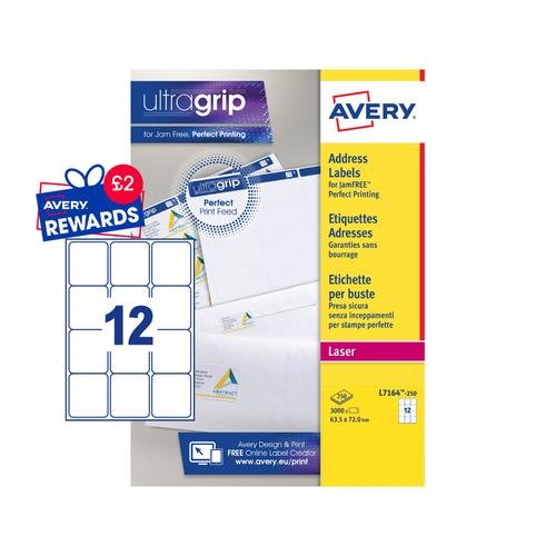 Avery Laser Address Label 63.5x72mm 12 Per A4 Sheet White (Pack 3000 Labels) L7164 250 (44209AV)