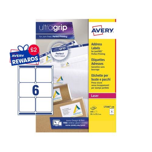 Avery Laser Parcel Label 99x93mm 6 Per A4 Sheet White (Pack 600 Labels) L7166 100 (44244AV)