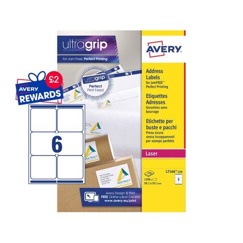 Avery Laser Parcel Label 99x93mm 6 Per A4 Sheet White (Pack 1500 Labels) L7166 250 (44251AV)