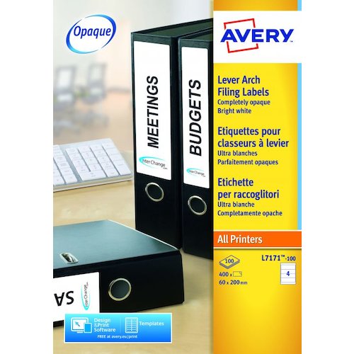 Avery Laser Filing Label Lever Arch File 200x60mm 4 Per A4 Sheet White (Pack 400 Labels) L7171 100 (44321AV)