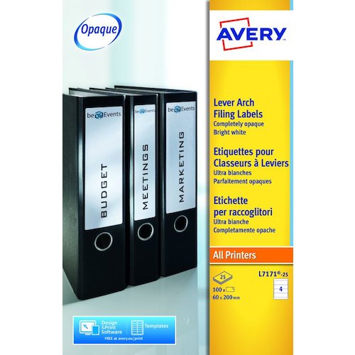 Avery Filing Labels Laser Lever Arch 4 per Sheet 200x60mm (44328AV)