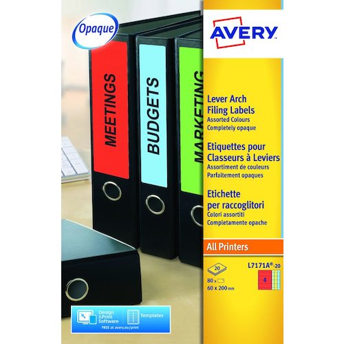 Avery Laser Filing Label Lever Arch File 200x60mm 4 Per A4 Sheet White (Pack 80 Labels) J7171A 20 (44335AV)