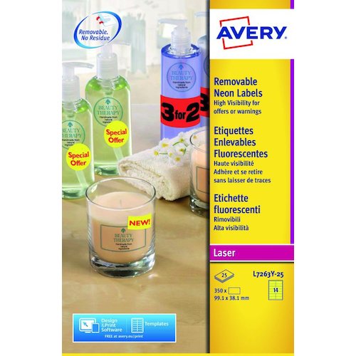 Avery Laser High Visibility Removable Label 99x38mm 14 Per A4 Sheet Neon Yellow (Pack 350 Labels ) L7263Y 25 (44377AV)