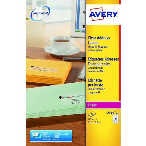 Avery Laser Address Label 63.5x38mm 21 Per A4 Sheet Clear (Pack 525 Labels) L7560 25 (44412AV)