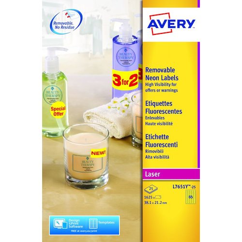 Avery Laser High Visibility Mini Removable Label 38x21mm 65 Per A4 Sheet Neon Yellow (Pack 1625 Labels) L7651Y 25 (44468AV)
