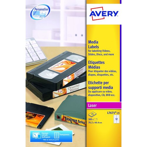 Avery Laser Video Face Label 76.2x46.4mm 12 Per A4 Sheet White (Pack 300 Labels) L7671 25 (44524AV)