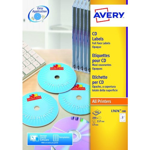 Avery Full Face CD/DVD Matt Label 117mm Diameter 2 Per A4 Sheet White (Pack 200 Labels) L7676 100 (44538AV)