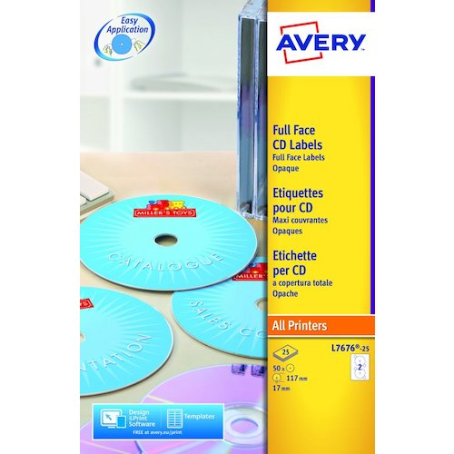 Avery Full Face CD/DVD Matt Label 117mm Diameter 2 Per A4 Sheet White (Pack 50 Labels) L7676 25 (44545AV)