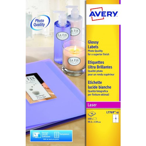 Avery Laser Glossy Label 139x99mm 4 Per A4 Sheet White (Pack 160 Labels) L7769 40 (44587AV)