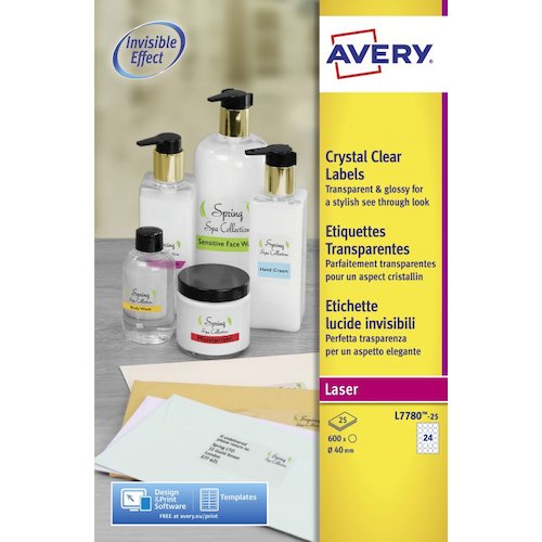 Avery Laser Label 40mm Diameter 24 Per A4 Sheet Crystal Clear (Pack 600 Labels) L7780 25 (44601AV)