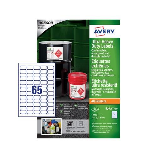 Avery Ultra Resistant Labels 38 x 21 mm Permanent 65 Labels Per Sheet 1300 Labels Per (45945AV)