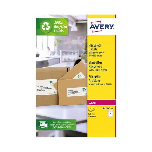 Avery Recycled Filing Label Lever Arch File 192x38mm 7 Per A4 Sheet White (Pack 105 Labels) LR4760 15 (46386AV)