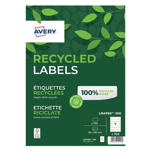 Avery Recycled Filing Label Lever Arch File 192x38mm 7 Per A4 Sheet White (Pack 700 Labels) LR4760 100 (46400AV)