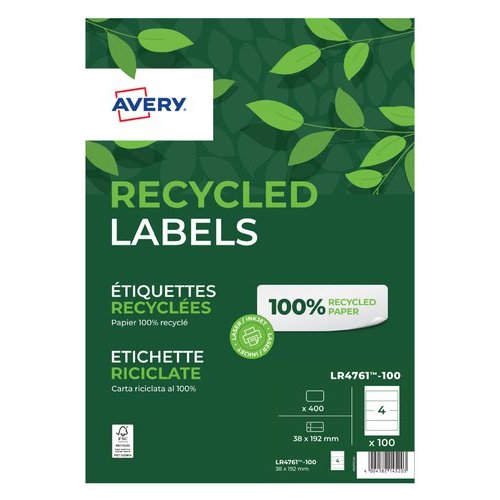 Avery Recycled Filing Label Lever Arch File 192x61mm 4 Per A4 Sheet White (Pack 400 Labels) LR4761 100 (46407AV)