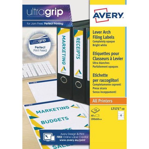 Avery Laser Filing Label Lever Arch File 200x60mm 4 Labels per Sheet White (Pack 40 Labels) L7171 10 (46428AV)