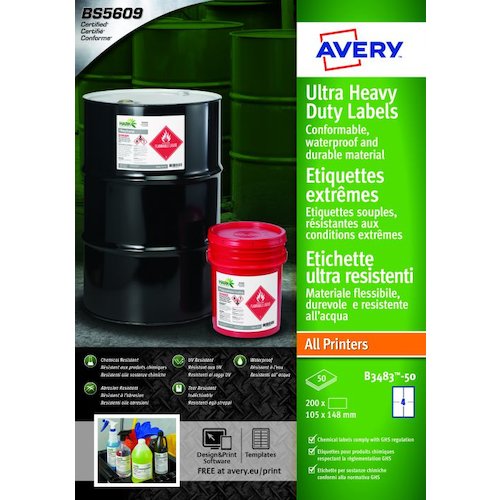 Avery Ultra Resistant Labels 105 x 148mm Permanent 4 Labels Per Sheet (Pack 200 Labels) B3483 50 (53446AV)