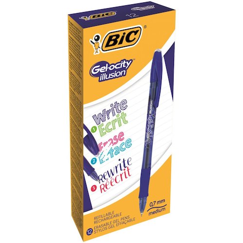 Bic Gel ocity Illusion Erasable Gel Rollerball Pen 0.7mm Tip 0.3mm Line Blue (Pack 12) (54181BC)