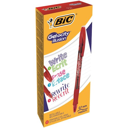 Bic Gel ocity Illusion Erasable Gel Rollerball Pen 0.7mm Tip 0.3mm Line Red (Pack 12) (54195BC)