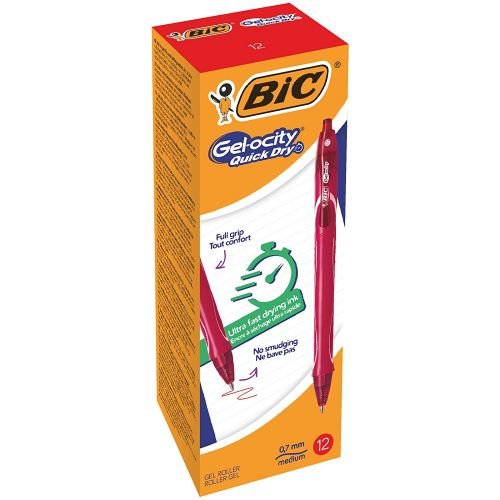 Bic Gel ocity Quick Dry Gel Retractable Rollerball Pen 0.7mm Tip 0.3mm Line Red (Pack 12) (54216BC)