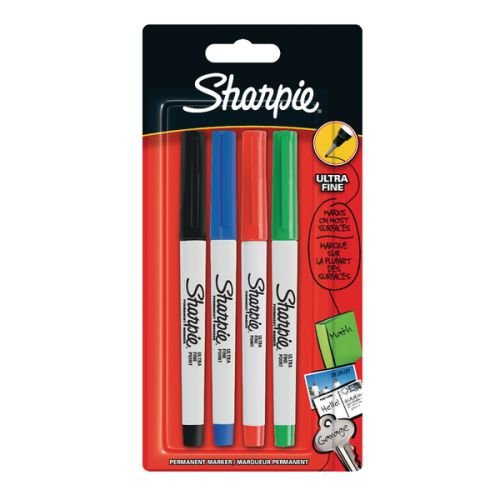 Sharpie Permanent Marker Ultra Fine Tip 0.6mm Line Assorted Standard Colours (Pack 4) (56729NR)